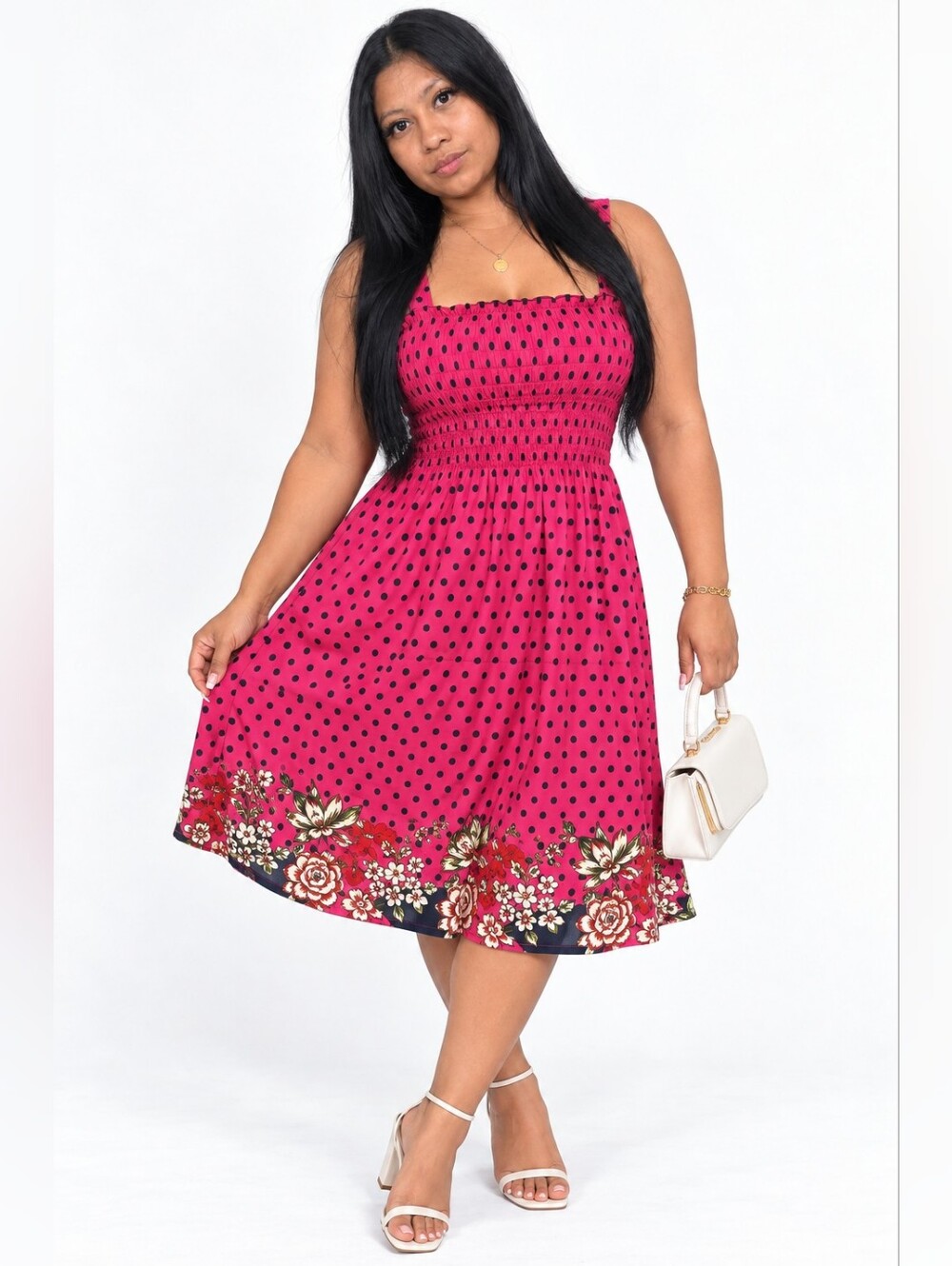 Pink Polka Dot Sundress with Floral Hem | Sleeveless | Women’s L